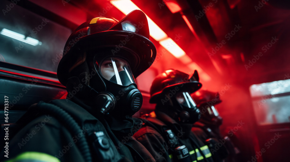 Group of firefighters with masks in truck. Brave teamwork for fire safety and community protection Group of firefighters with masks in truck. Brave teamwork for fire safety and community protection