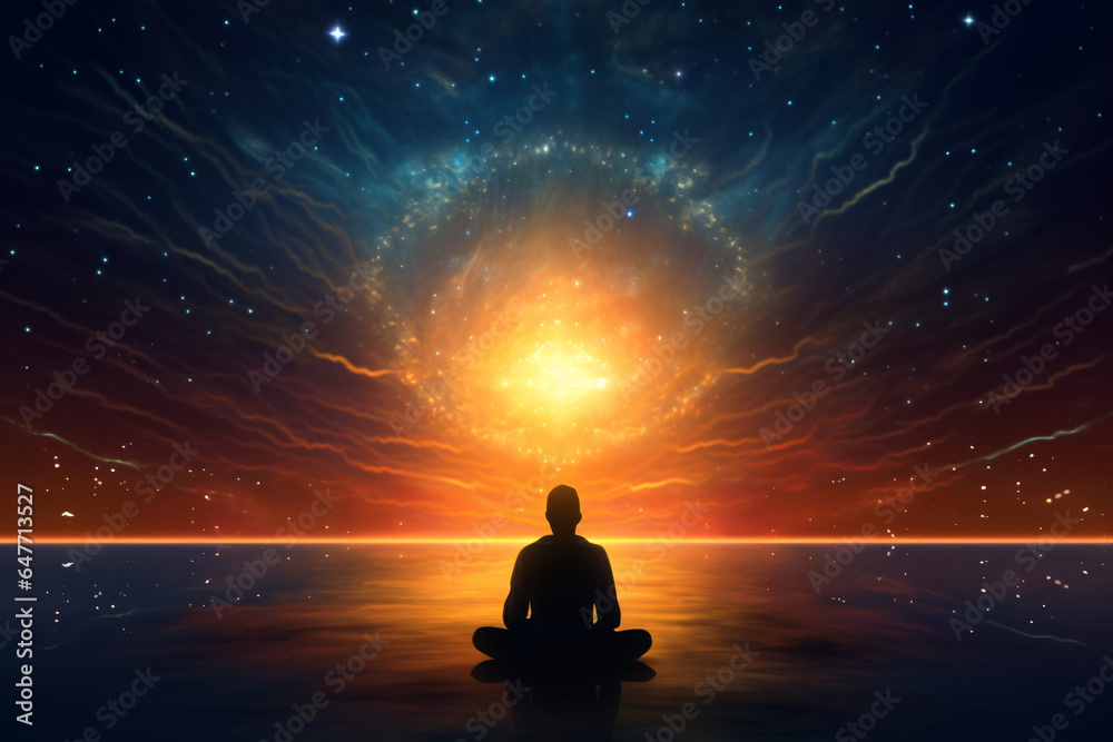 A person finds serenity while seated in a yoga pose, surrounded by a cosmic background, creating a harmonious atmosphere for meditation A person finds serenity while seated in a yoga pose, surrounded by a cosmic background, creating a harmonious atmosphere for meditation