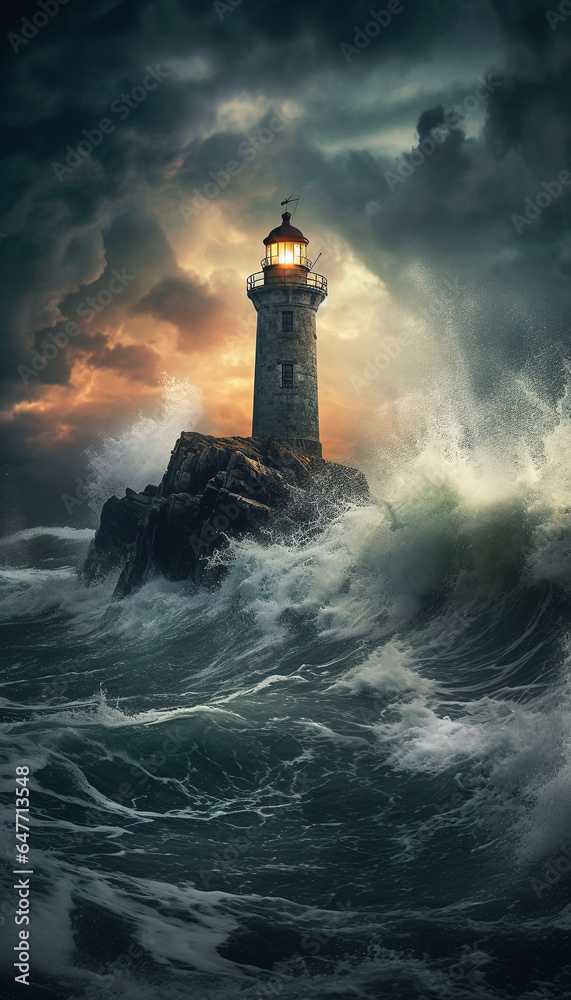 stormy ocean, lighthouse, created with generative ai technology.	
