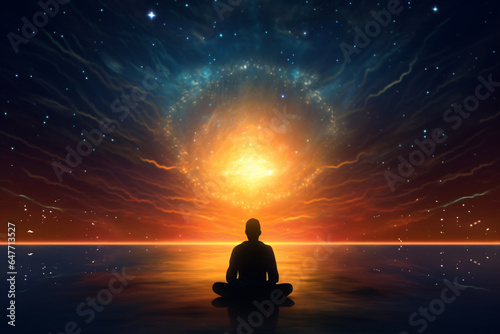 A person finds serenity while seated in a yoga pose  surrounded by a cosmic background  creating a harmonious atmosphere for meditation