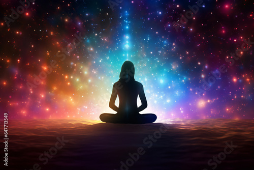 A person finds serenity while seated in a yoga pose  surrounded by a cosmic background  creating a harmonious atmosphere for meditation