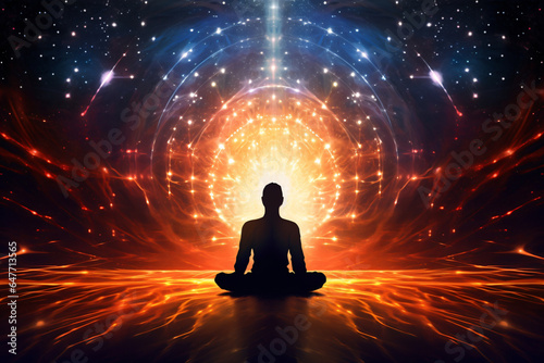A person finds serenity while seated in a yoga pose, surrounded by a cosmic background, creating a harmonious atmosphere for meditation
