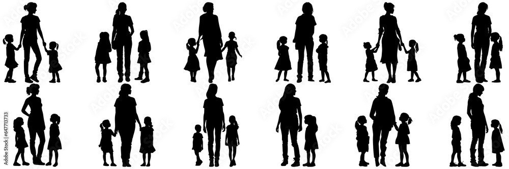 Family parent and childs silhouettes set, large pack of vector silhouette design, isolated white background