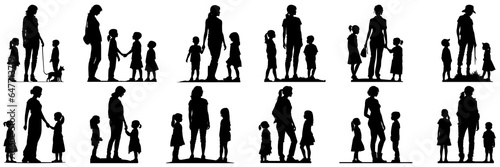 Family parent and childs silhouettes set, large pack of vector silhouette design, isolated white background