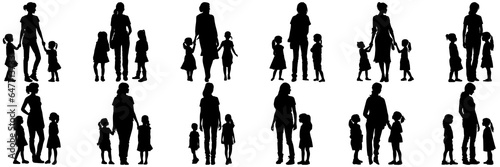 Family parent and childs silhouettes set, large pack of vector silhouette design, isolated white background