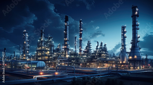 A modern petrochemical plant with intricate piping systems, distillation towers, and tanks, producing various chemical compounds - Generative AI