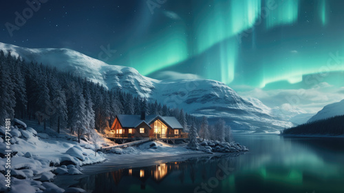 Luxury houses in winter on a lake with northern lights in the sky