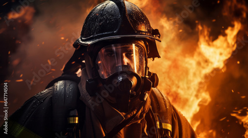 Firefighter in mask with fire in background. Safety, protection, and disaster management concept © ReneLa/Peopleimages - AI