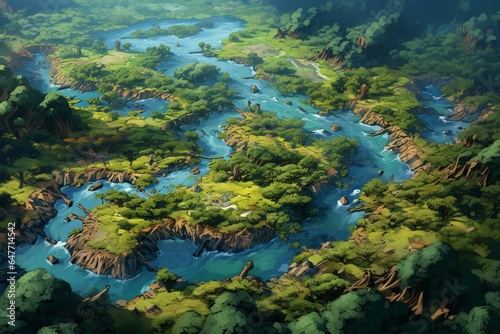 Aerial view of vibrant rainforest with meandering waterways and varied wildlife. Generative AI