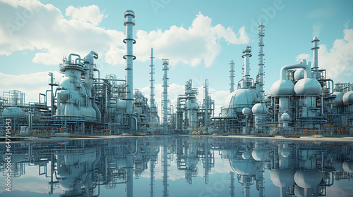 A modern petrochemical plant with intricate piping systems, distillation towers, and tanks, producing various chemical compounds - Generative AI