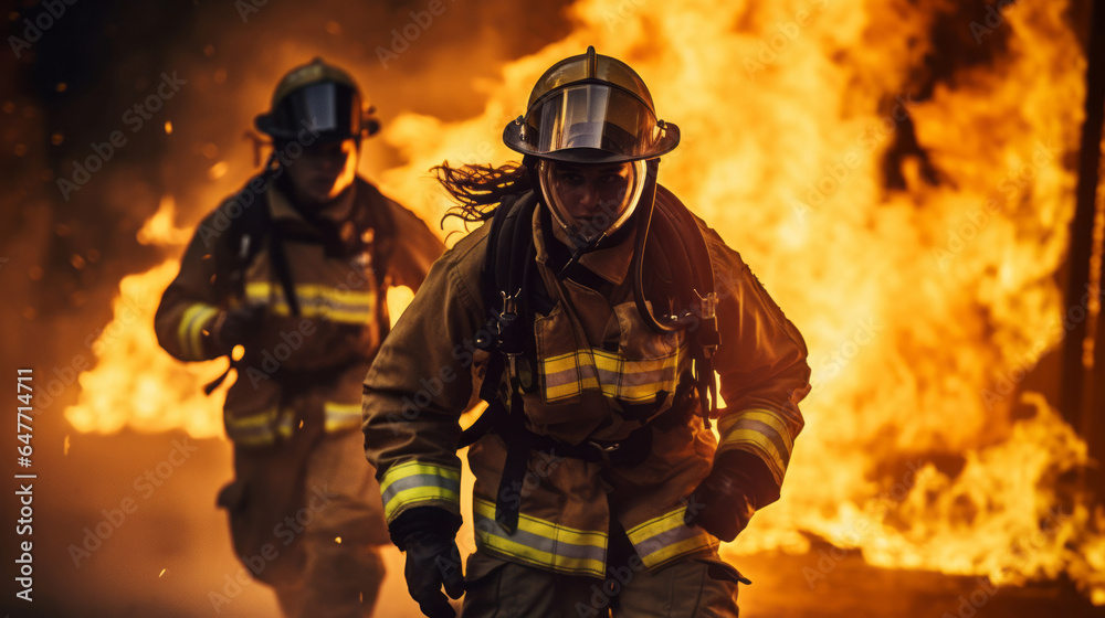 Firefighters running with fire in background. Safety, protection, and disaster management concept Firefighters running with fire in background. Safety, protection, and disaster management concept