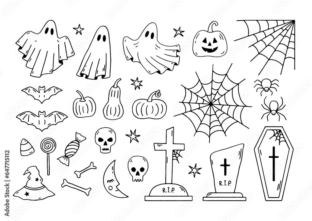Hand drawn set of doodle Halloween elements: ghost, bat, skull, bone
