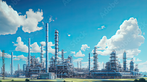 A modern petrochemical plant with intricate piping systems, distillation towers, and tanks, producing various chemical compounds - Generative AI photo
