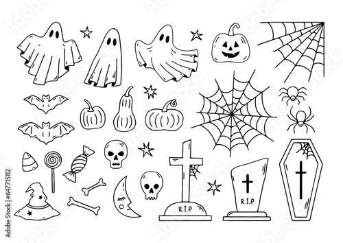 Hand drawn set of doodle Halloween elements: ghost, bat, skull, bone, spider, cobweb, moon, pumpkin, candies, witch hat, gravestone and coffin. Cute vector collection for festive design. Flat art