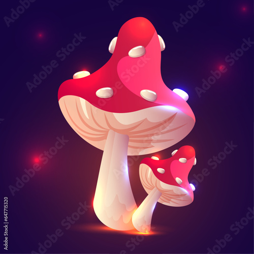 Magic mushrooms, glow fairy mushrooms in the dark cartoon style