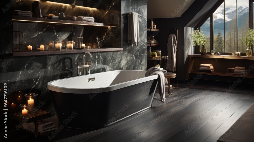 A black marble bathtub in a contemporary bathroom, contrasting with light-toned walls and metallic accents for a striking visual impact