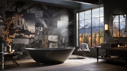 A black marble bathtub in a contemporary bathroom, contrasting with light-toned walls and metallic accents for a striking visual impact