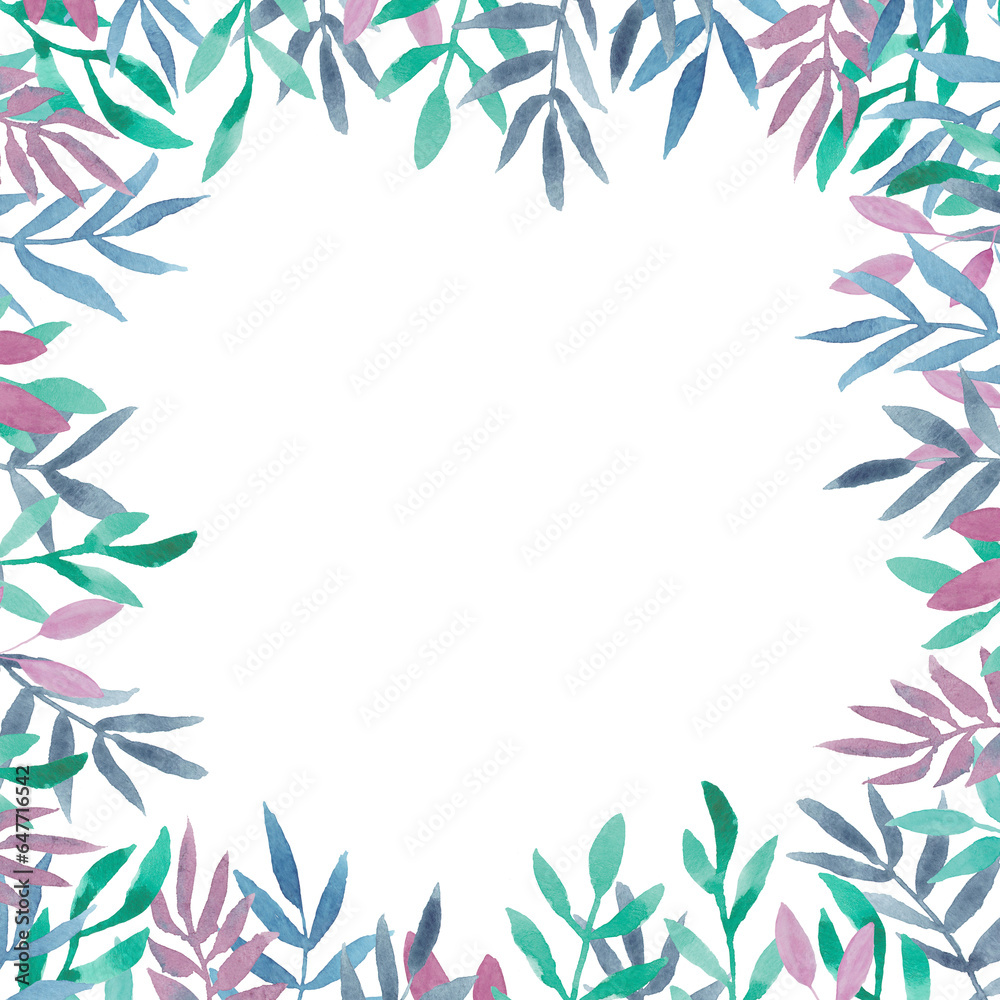 Hand drawn watercolor frame of blue, purple, mint green leaves. Good for invitations, greeting cards, posters, prints. Hand drawn watercolor frame of blue, purple, mint green leaves. Good for invitations, greeting cards, posters, prints.