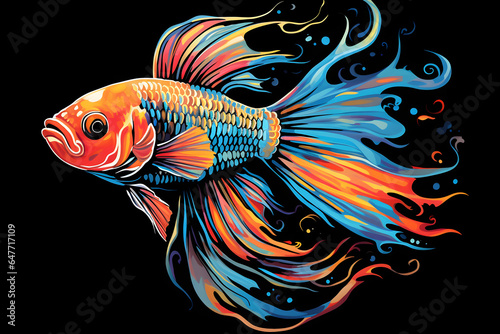 Colorful poster with colorful fish in vector design style isolated on black background