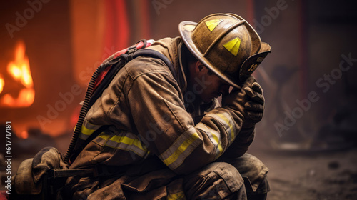 Firefighter praying. Safety, protection, faith and religion concept