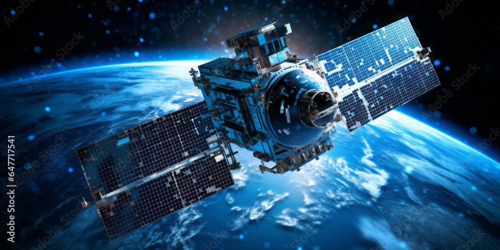 Satellite Orbiting Earth with Data Elements, Signifying Global Connectivity and the Intersection of Technology, Telecommunications, and Scientific Advancements in Radio Standats Satellite Orbiting Earth with Data Elements, Signifying Global Connectivity and the Intersection of Technology, Telecommunications, and Scientific Advancements in Radio Standats