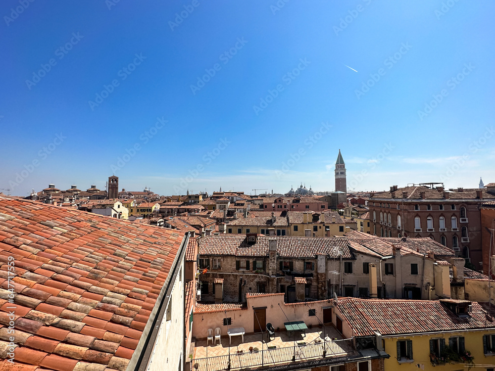 View with St Mark's Campanile from Palazzo Contarini del Bovolo in Venice, Italy