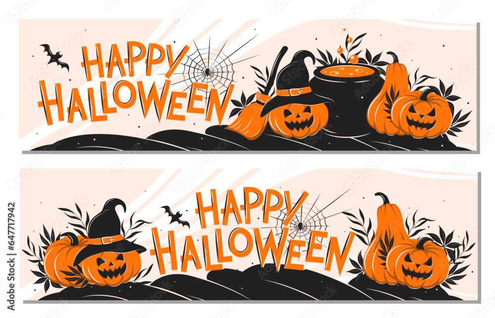 Happy Halloween horizontal banner. Composition with pumpkins, vat of potion and broom.Vector illustration for  poster, greeting card, party invitation
