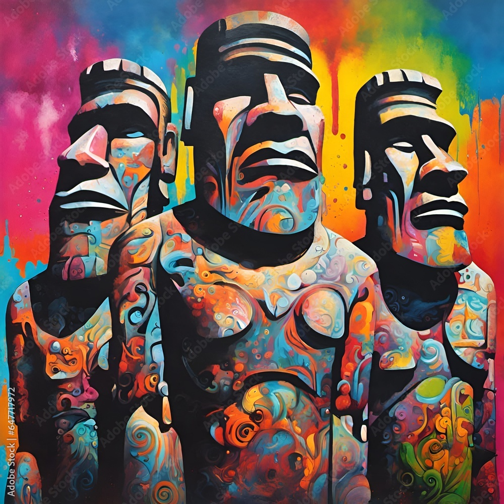 Rappa Nui (Easter Island) Moai covered in brightly colored swirls of graffiti