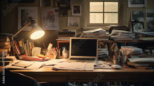 College dorm room, textbooks stacked on a wooden desk, posters on the wall, ambient lighting from a desk lamp, realistic clutter