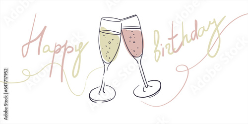 Continuous line champagne happy birthday cheers one line art, continuous drawing contour. Pink cheers toast festive decoration for holidays. Vector illustration