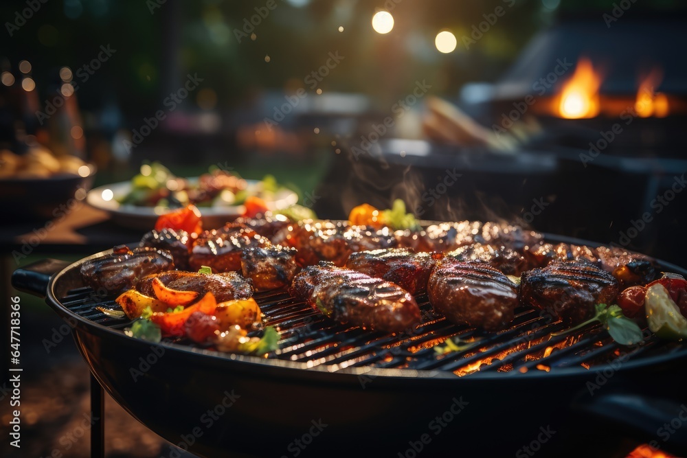 Day celebration with meat on the barbecue and blurry background with group of friends Day celebration with meat on the barbecue and blurry background with group of friends