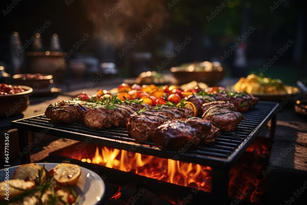 Day celebration with meat on the barbecue and blurry background with group of friends