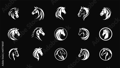 Horse head icon set, equestrian sport round logos collection. Horsehead sleek lines silhouette symbolize speed, power, and elegance. Vector logo.