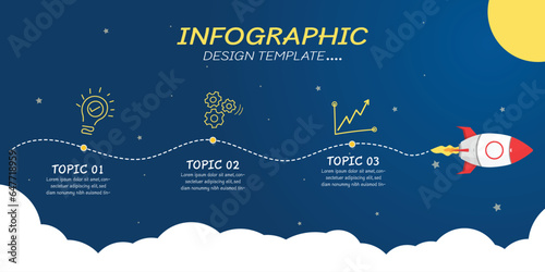 Infographic design template. Timeline concept with 3 options or steps template. layout, diagram, annual, rocket, start up, report, presentation.Vector illustration.