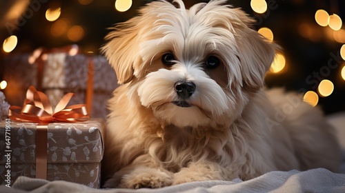 Fluffy Puppy lies near Christmas gifts boxes for presents