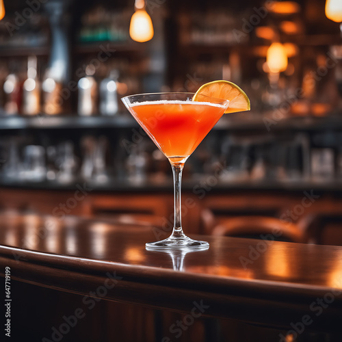 C  ctel con un trozo de fruta en una copa en la barra de un bar