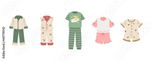 Set of different childrens pajamas on a white background.