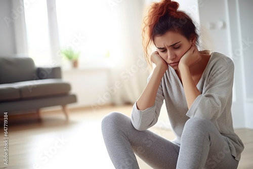 Young woman, sitting on the floor at home, sad and bored, with depressive gesture.