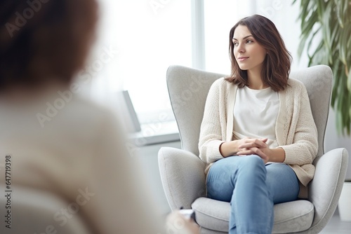 A woman sitting in a modern armchair chats with a friend, sharing confidences.
