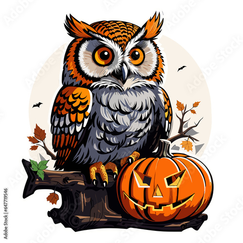 Jack-o'-lantern pumpkin and an owl sitting on a branch