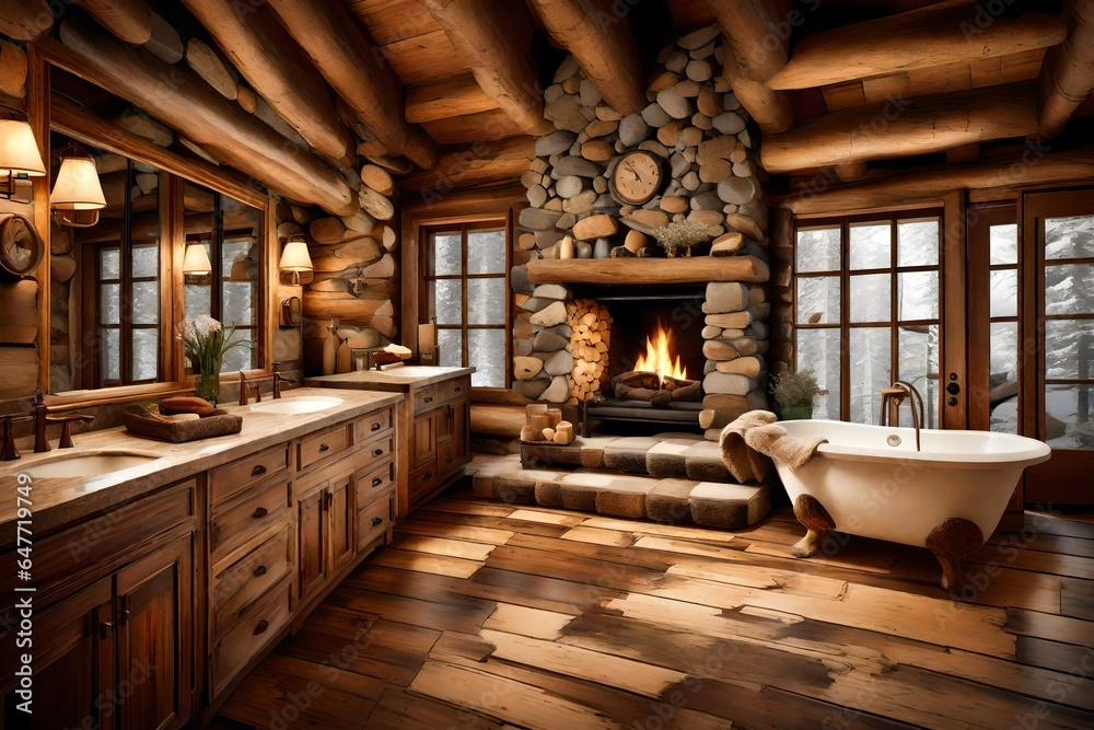 Naklejka premium A cozy cabin bathroom with a stone fireplace and log cabin charm.