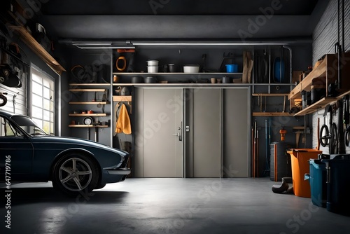 close up view of Home garage interior , background with open door , hd