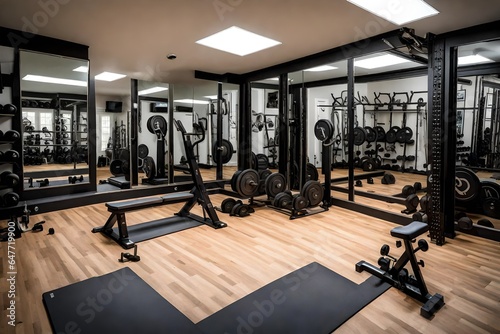 A garage gym with a wall of mirrors and exercise machines.