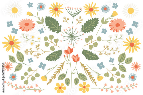 Beautiful herbarium set with wild flowers and leaves. Coloured ornament on white background. Flat style