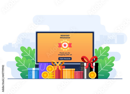 Online loyalty program bonus card concept flat illustration vector template, Earn points and gold coins, Bonus cashback income, Reward points, 