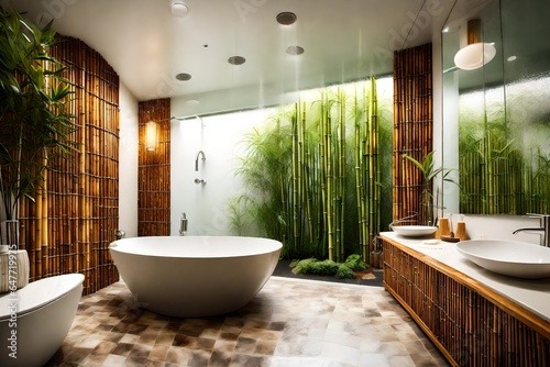 A spa oasis bathroom with a rain shower and bamboo decor.