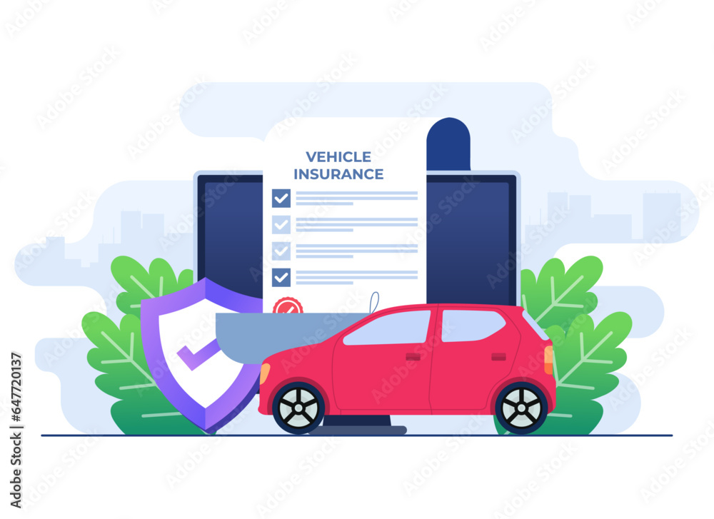 Online vehicle insurance flat illustration, Car insurance policy, Auto insurance, Car safety, assistance and protection concept for, ui, web design, landing page, infographic