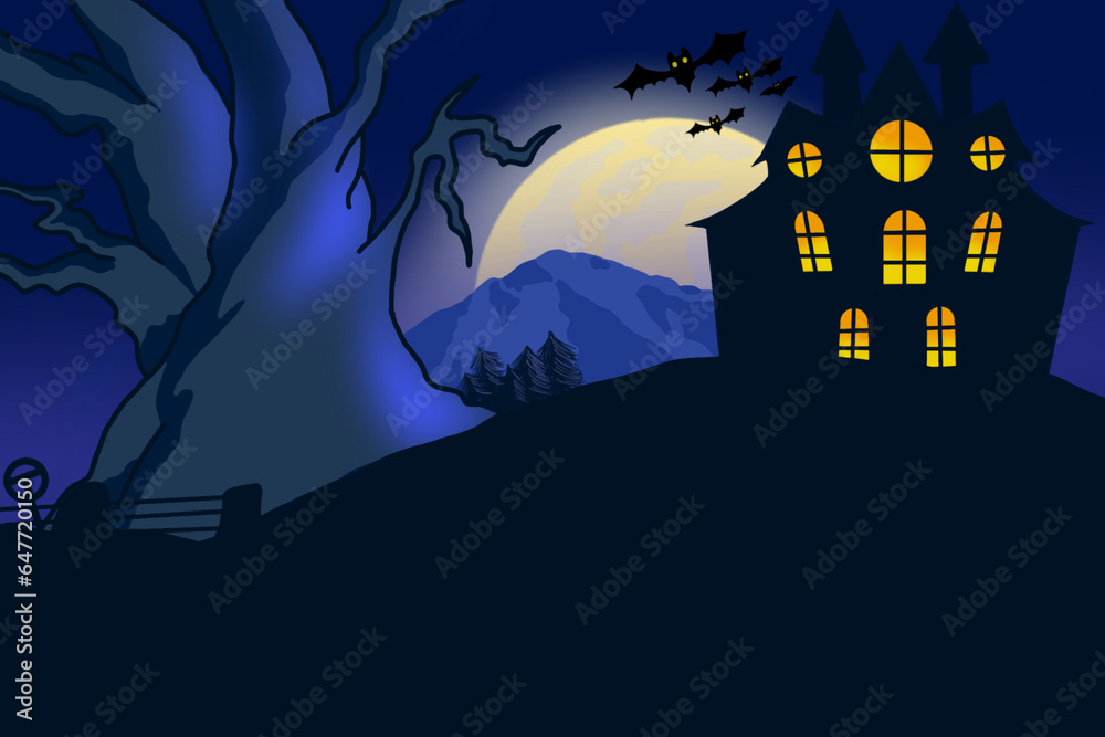 Blue Halloween Background Castle with Blue mountain at night moon