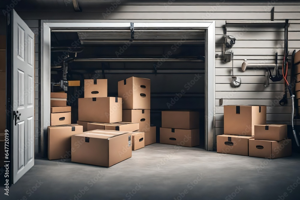 close up view of Carton boxes in the garage , door of garage is open , at day time close up view of Carton boxes in the garage , door of garage is open , at day time