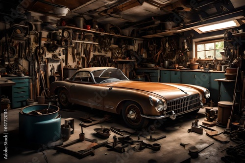 A garage workshop with a vintage car restoration project. © Imtisal